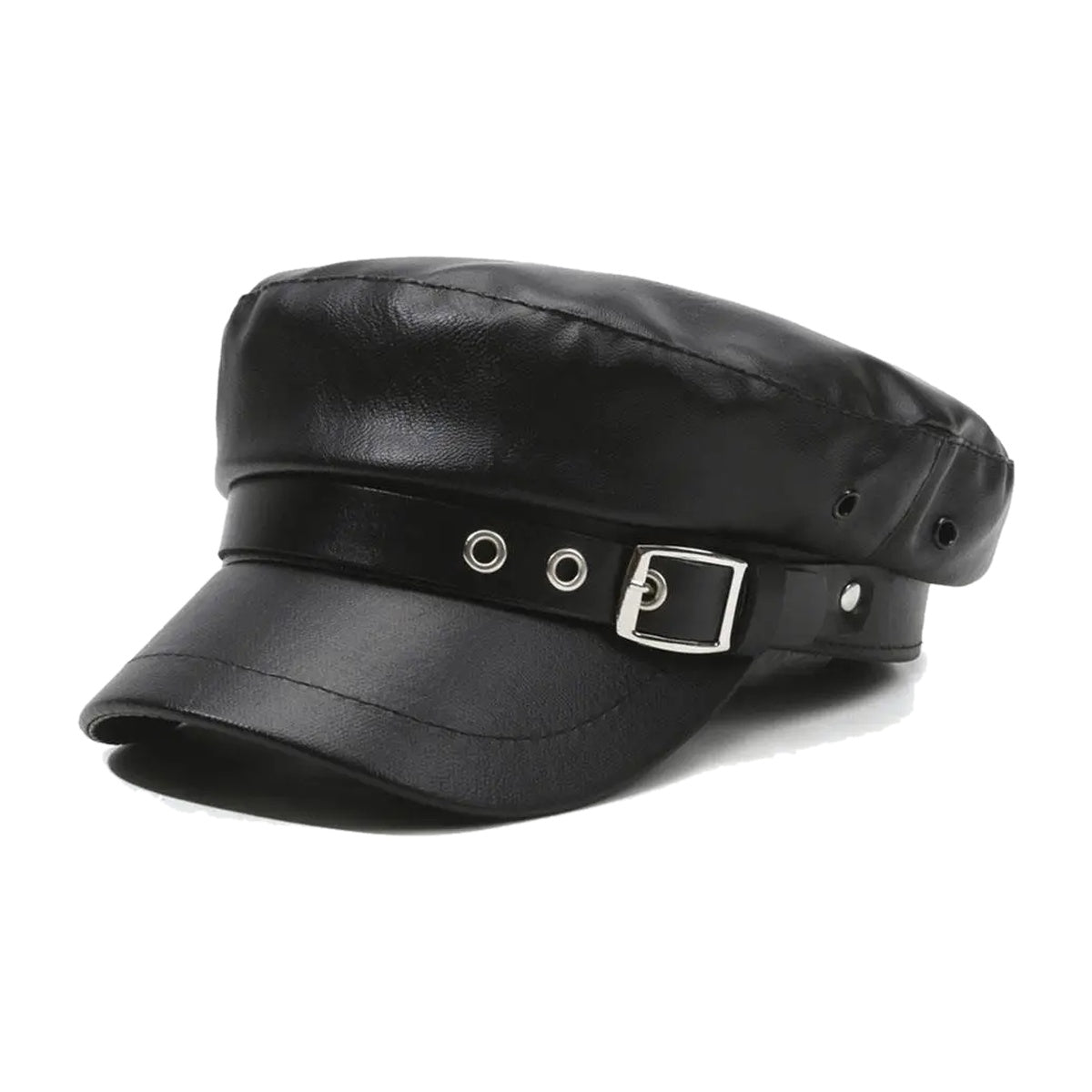 ‘SKIPPER’ cap – black faux-leather baker boy cap, buckle strap band