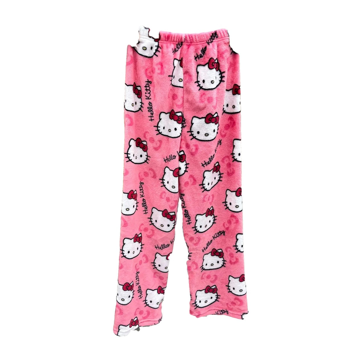 ‘SLEEPOVER’ pj pants – coral pink flannel wide-leg pajama pants, cartoon cat print