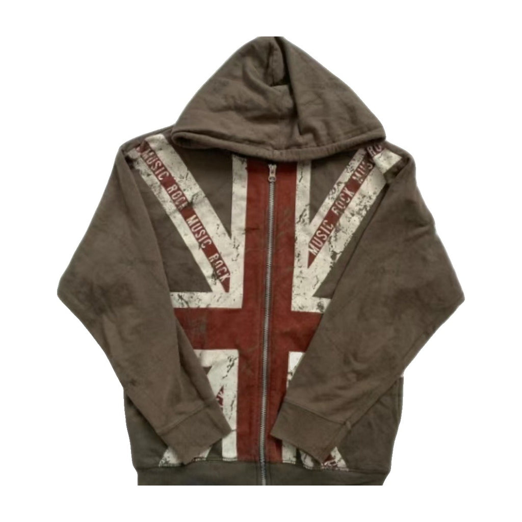 ‘SOHO’ zip hoodie – brown zip hoodie, faded Union Jack print