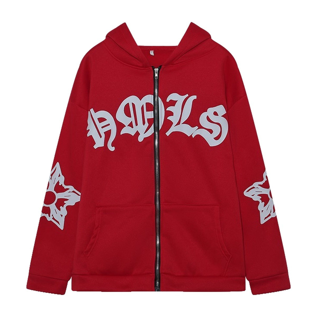 ‘ST6X’ zip hoodie – red zip hoodie, white gothic lettering, stars on the sleeves