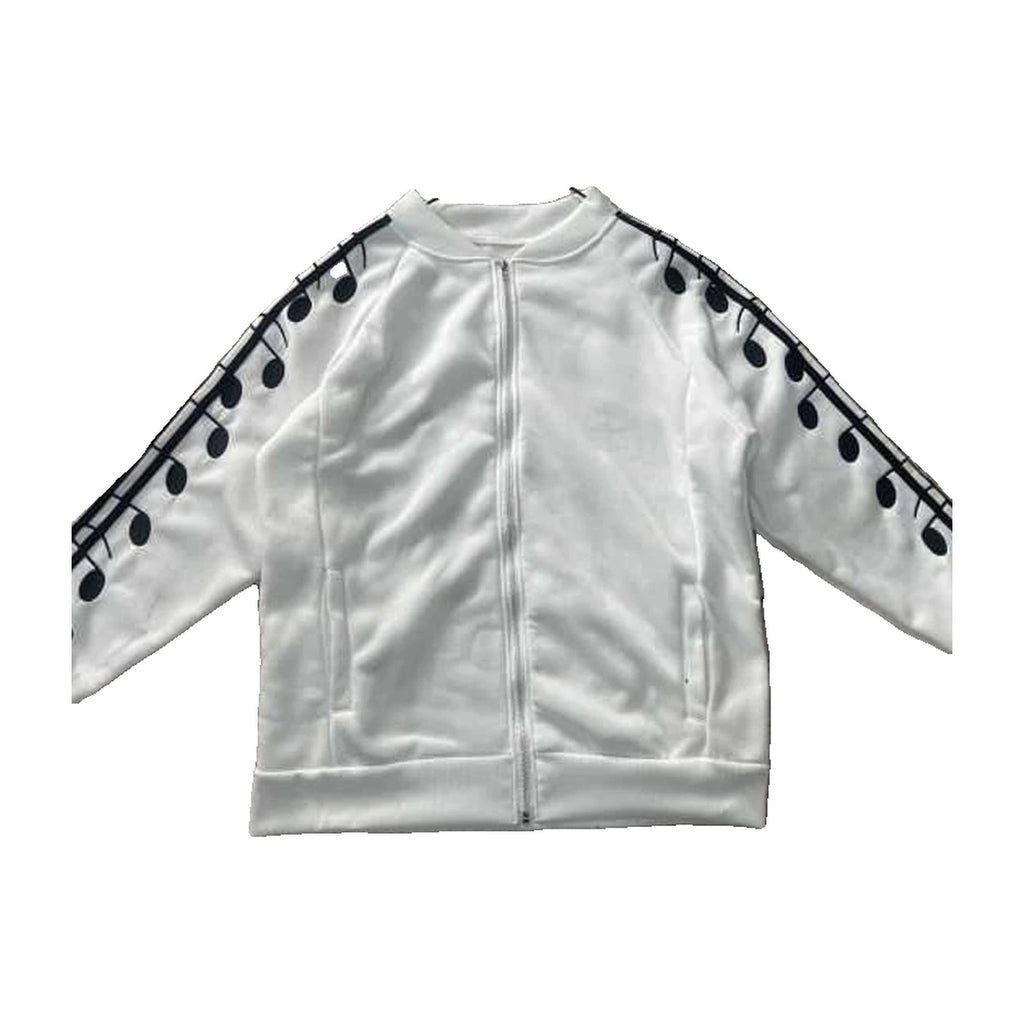 ‘STACCATO’ track jacket – white track jacket, black music note sleeve tape