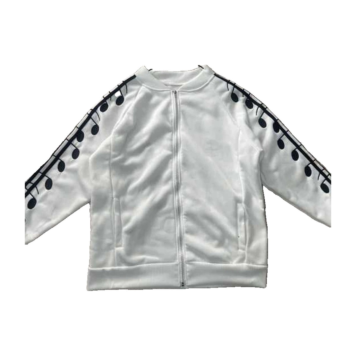 ‘STACCATO’ track jacket – white track jacket, black music note sleeve tape