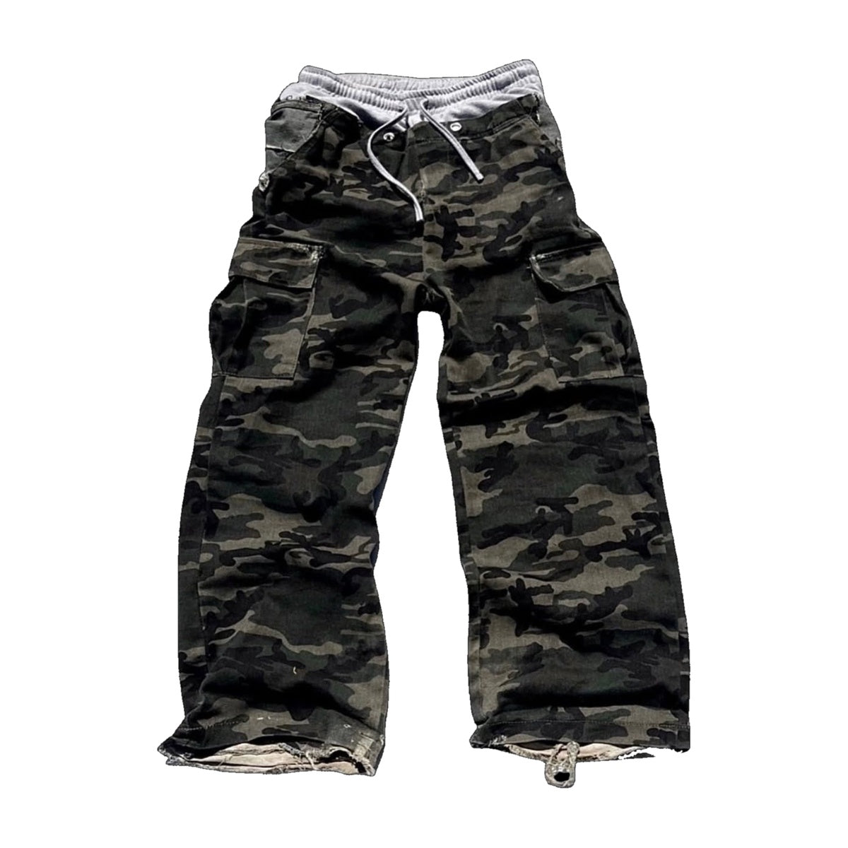 ‘STATIC’ cargo pants – dark camo cargo pants, white drawstring, grey boxer waistband