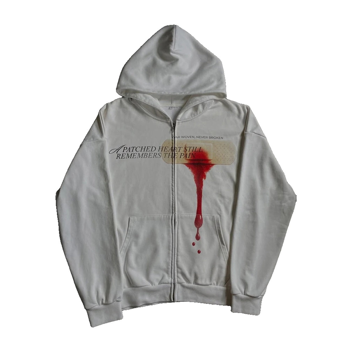 ‘SUTURE’ zip up – light grey zip hoodie, red drip print