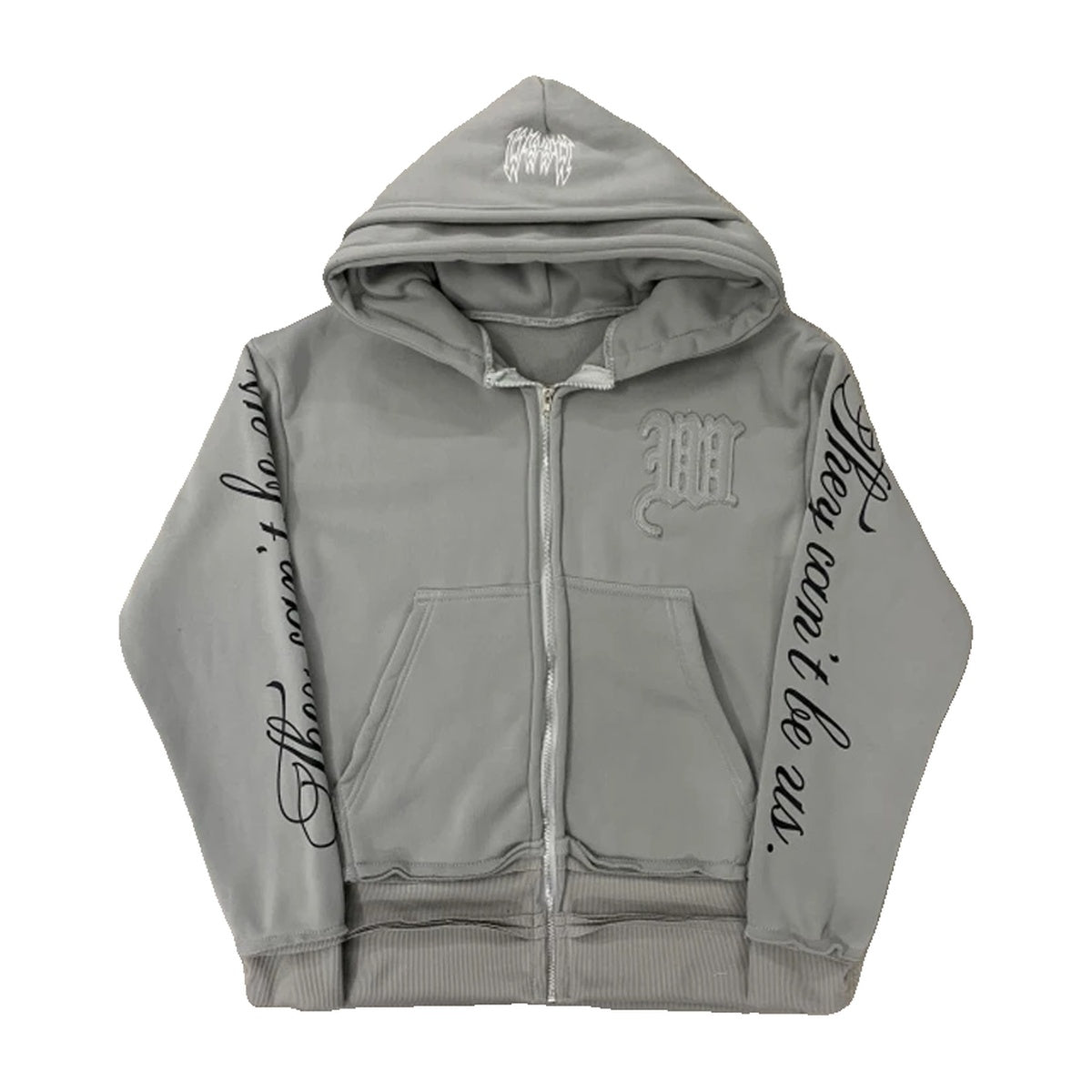 ‘SYNDICATE’ zip up – grey zip hoodie, script sleeve print, gothic chest emblem