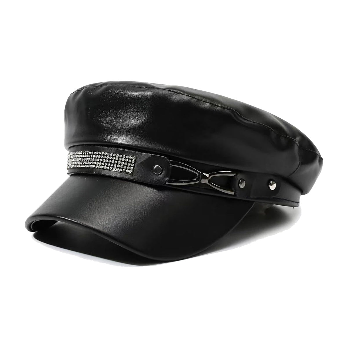 ‘TINSEL’ cap – black faux-leather baker boy cap, rhinestone strip band