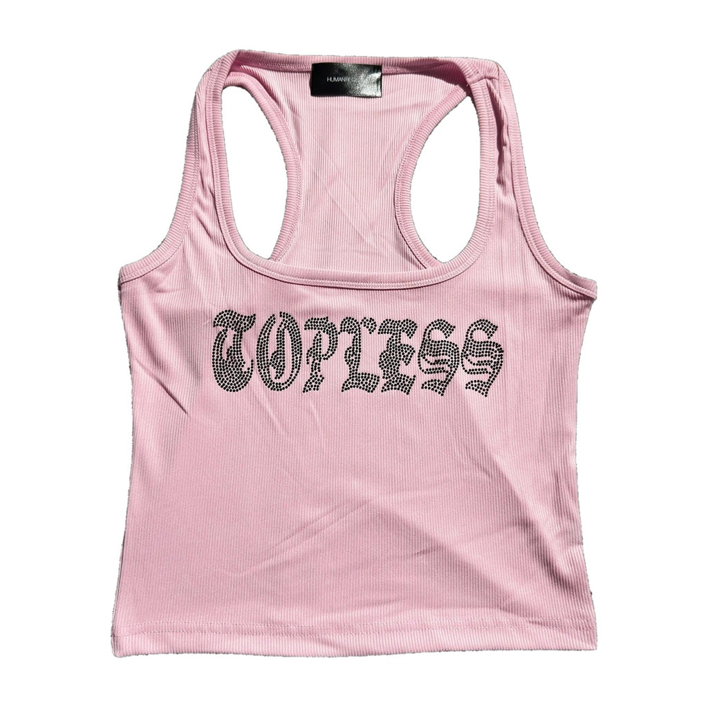 ‘TOPLESS’ racerback tank – pink racerback tank, rhinestone TOPLESS lettering