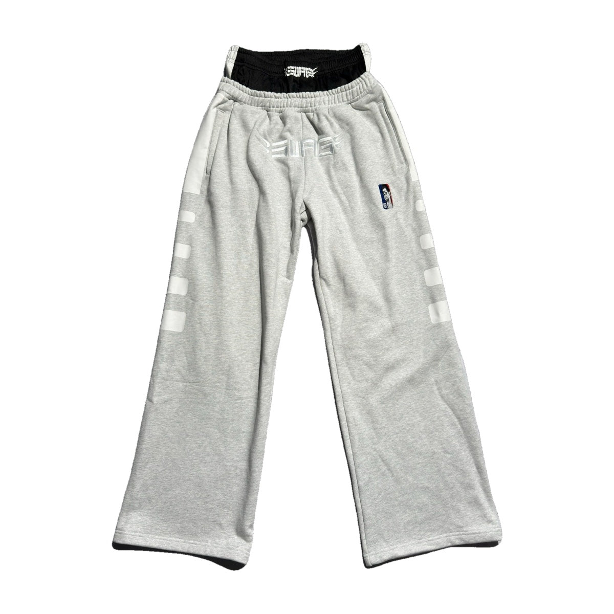 ‘TR4CK’ sweatpants – grey sweatpants, black boxer waistband, white side print
