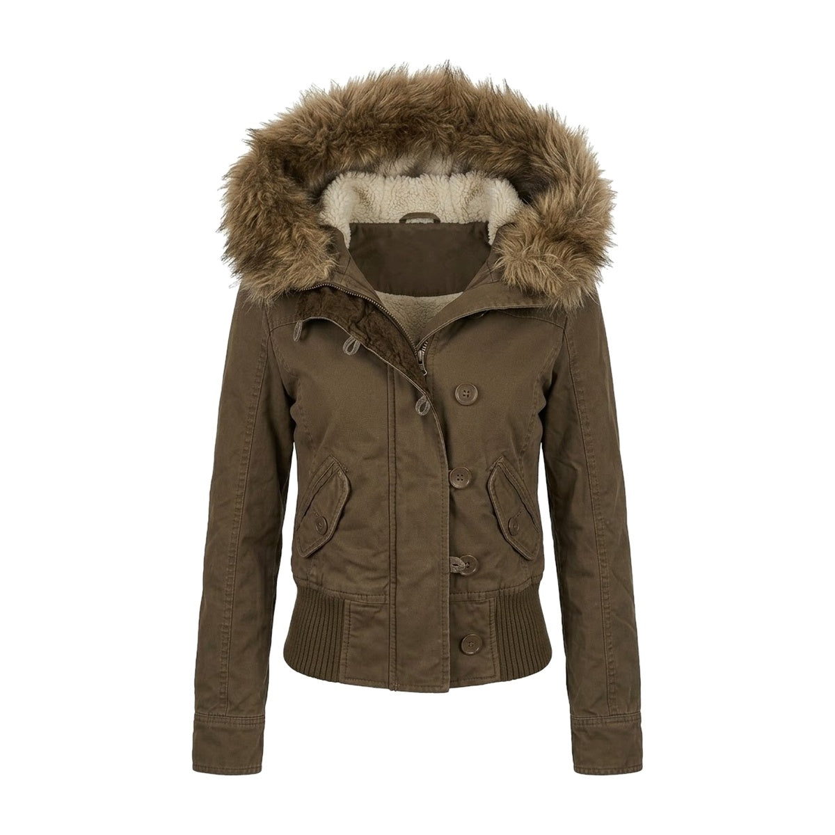 ‘TRAPPER’ parka – olive cropped cotton parka, sherpa-lined hood, faux-fur trim