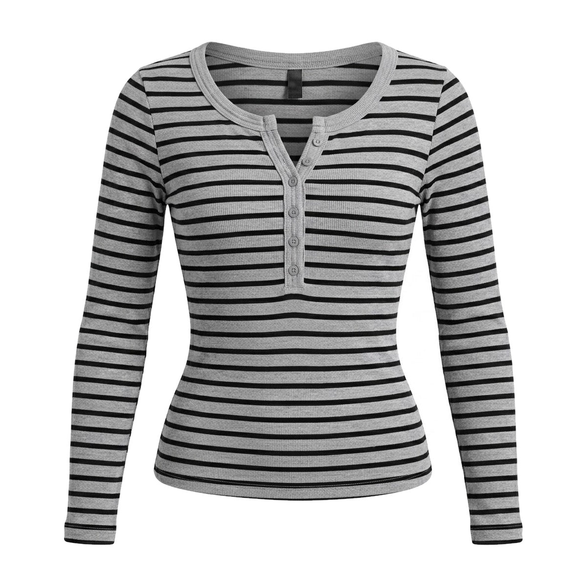 ‘TYPIST’ longsleeve – grey and black striped V-neck longsleeve, button placket