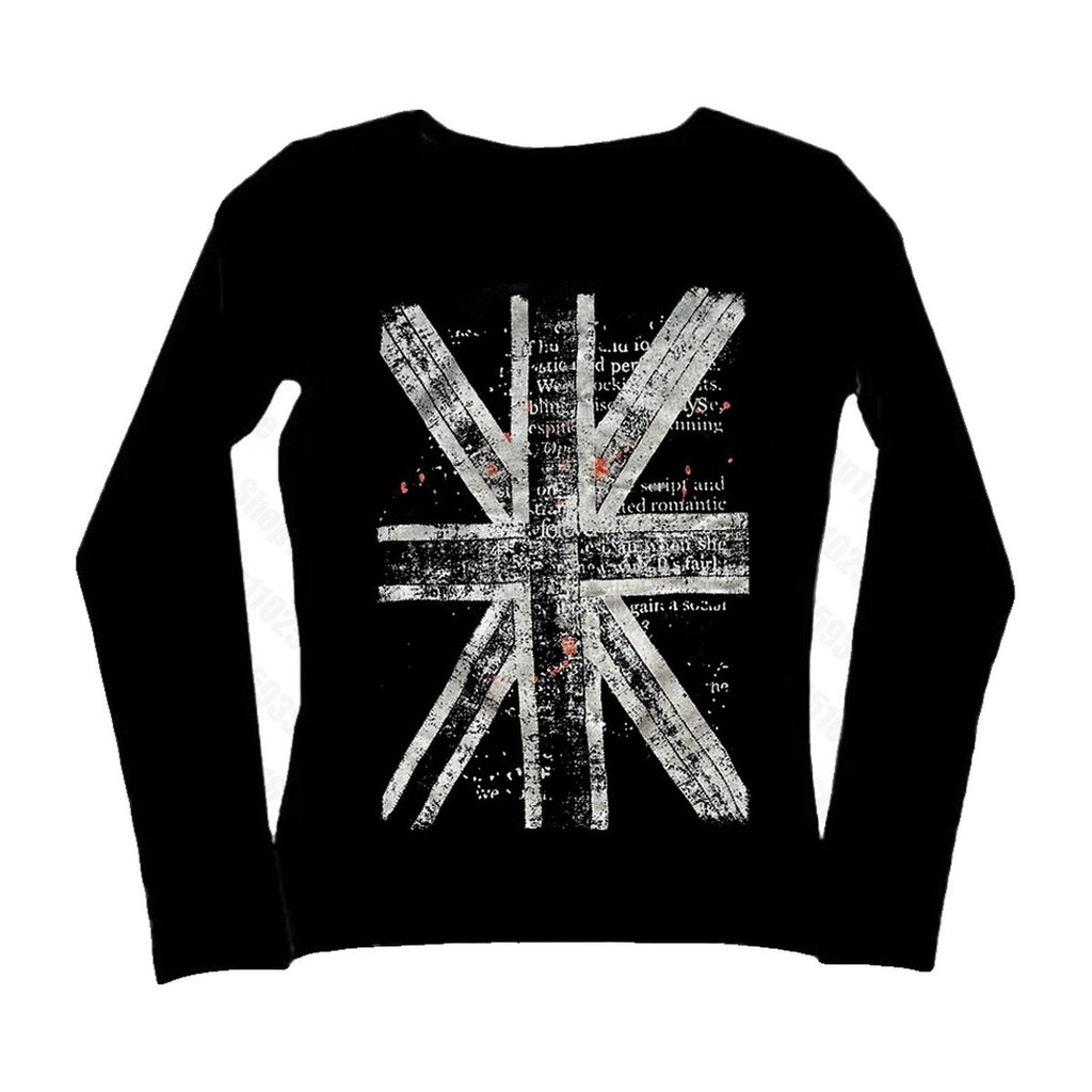 ‘UNION’ longsleeve – black longsleeve, distressed Union Jack print, slim fit