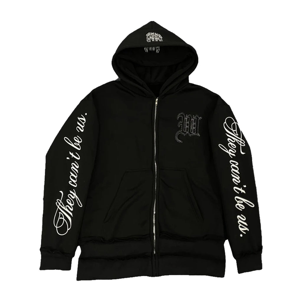 ‘UNTOUCHABLE’ zip up – black zip hoodie, script sleeve print, gothic chest emblem