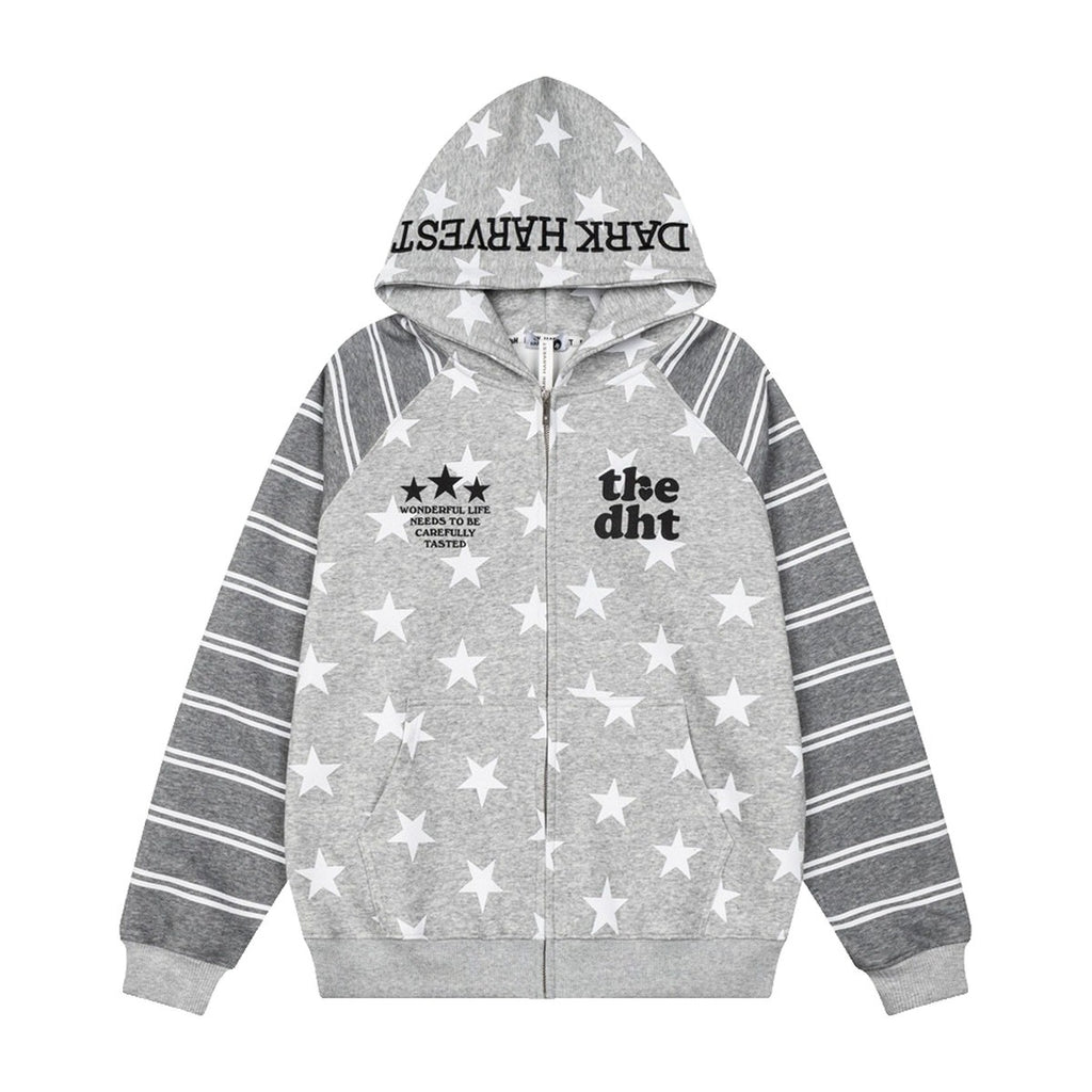 ‘US4’ zip hoodie – grey zip hoodie, star print, striped sleeves
