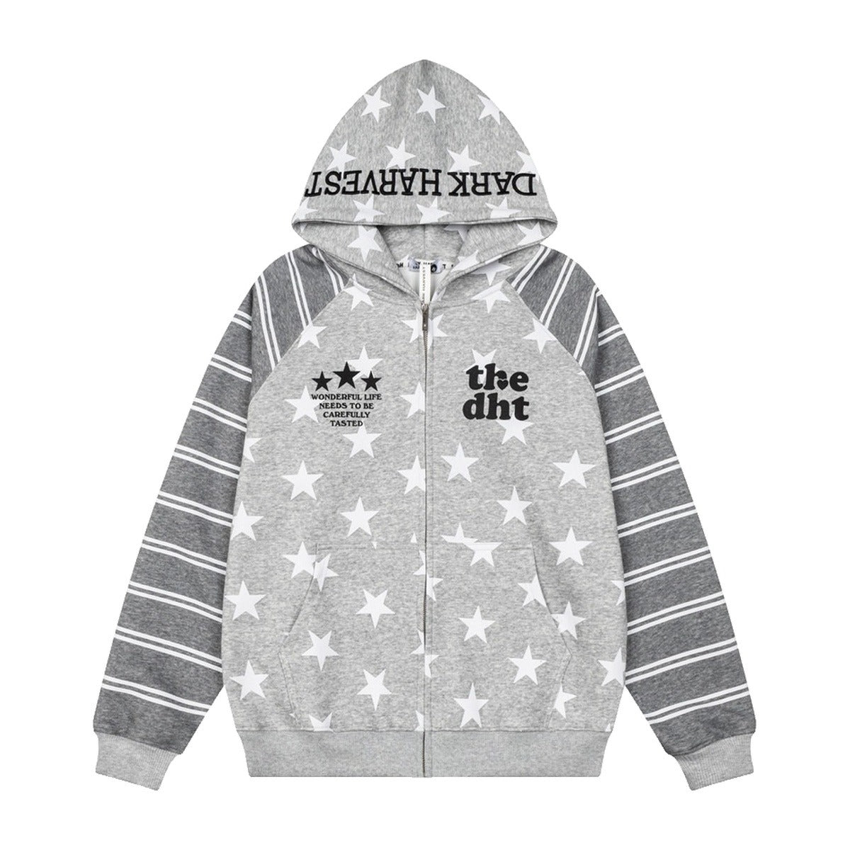 ‘US4’ zip hoodie – grey zip hoodie, star print, striped sleeves