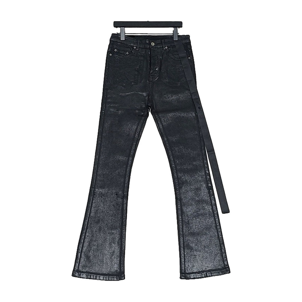 ‘WAXED N’ flared jeans – black flared jeans, waxed coating, strap detail
