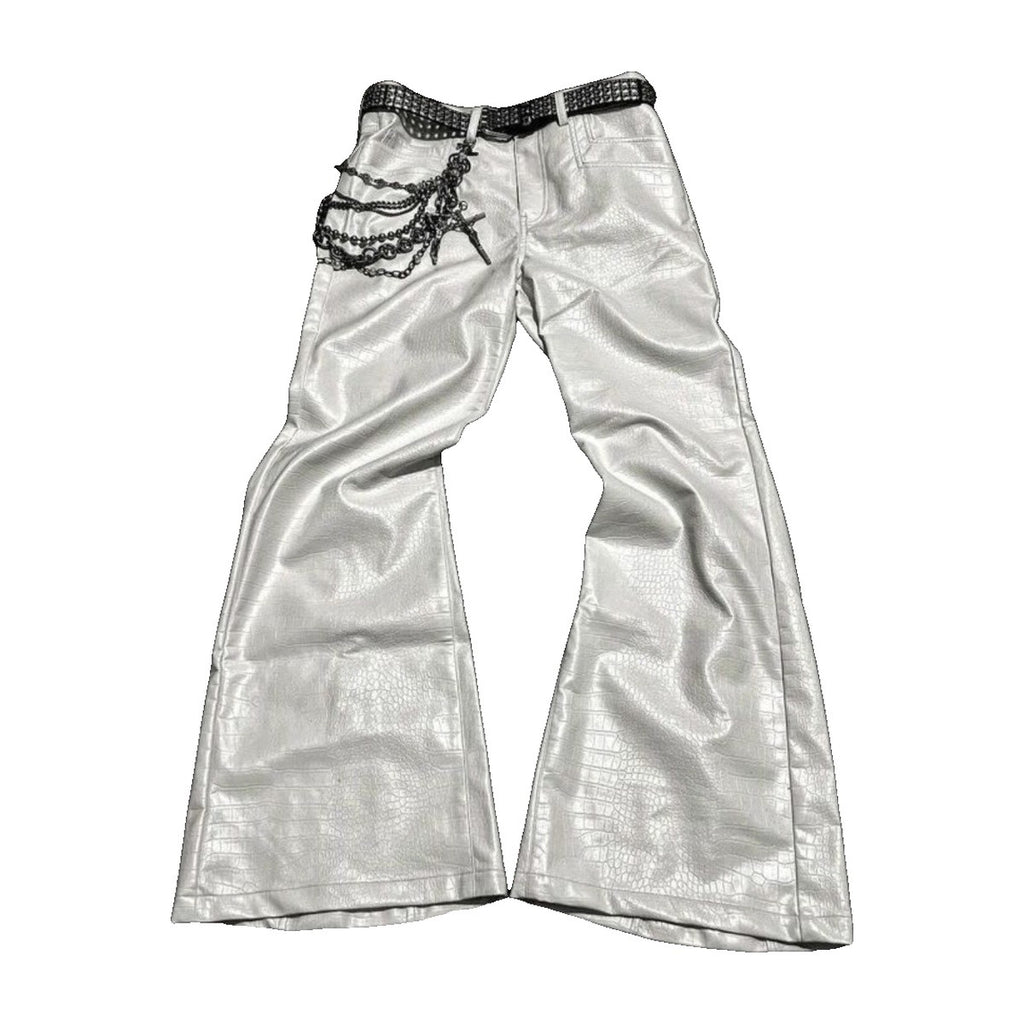 ‘WHITE00’ flared pants – silver flared pants, metallic coated finish