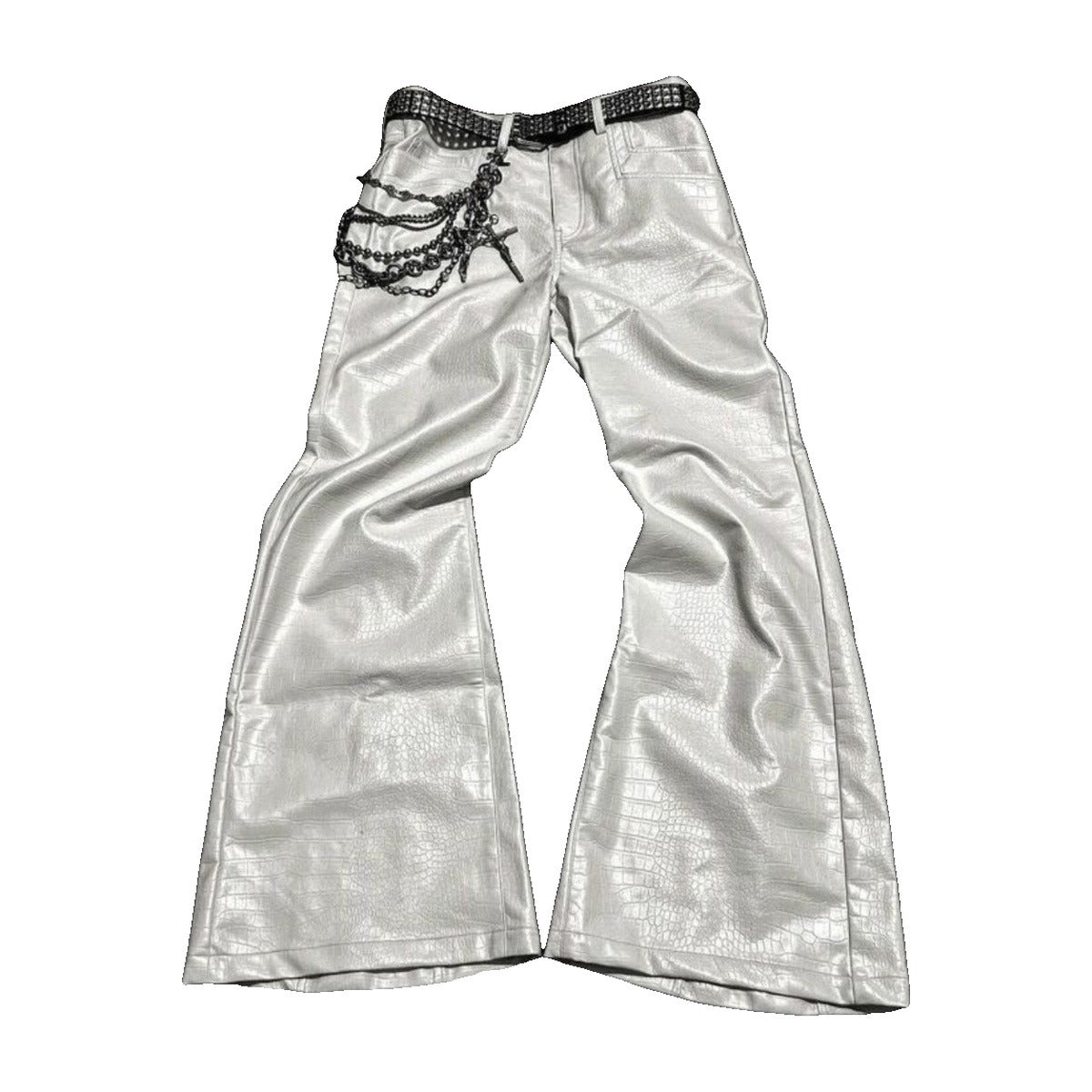 ‘WHITE00’ flared pants – silver flared pants, metallic coated finish