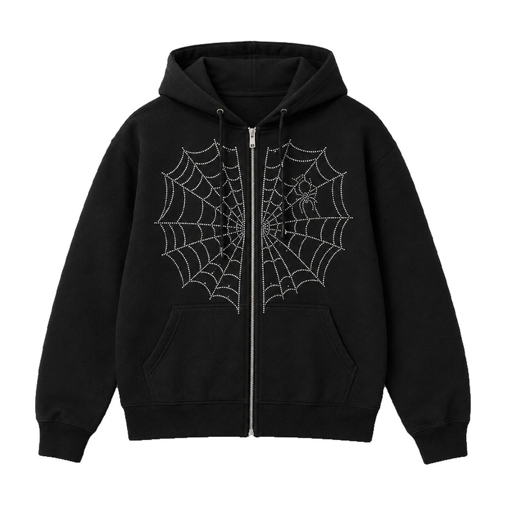 ‘WIZ4RD’ zip hoodie – black zip hoodie, rhinestone spider web
