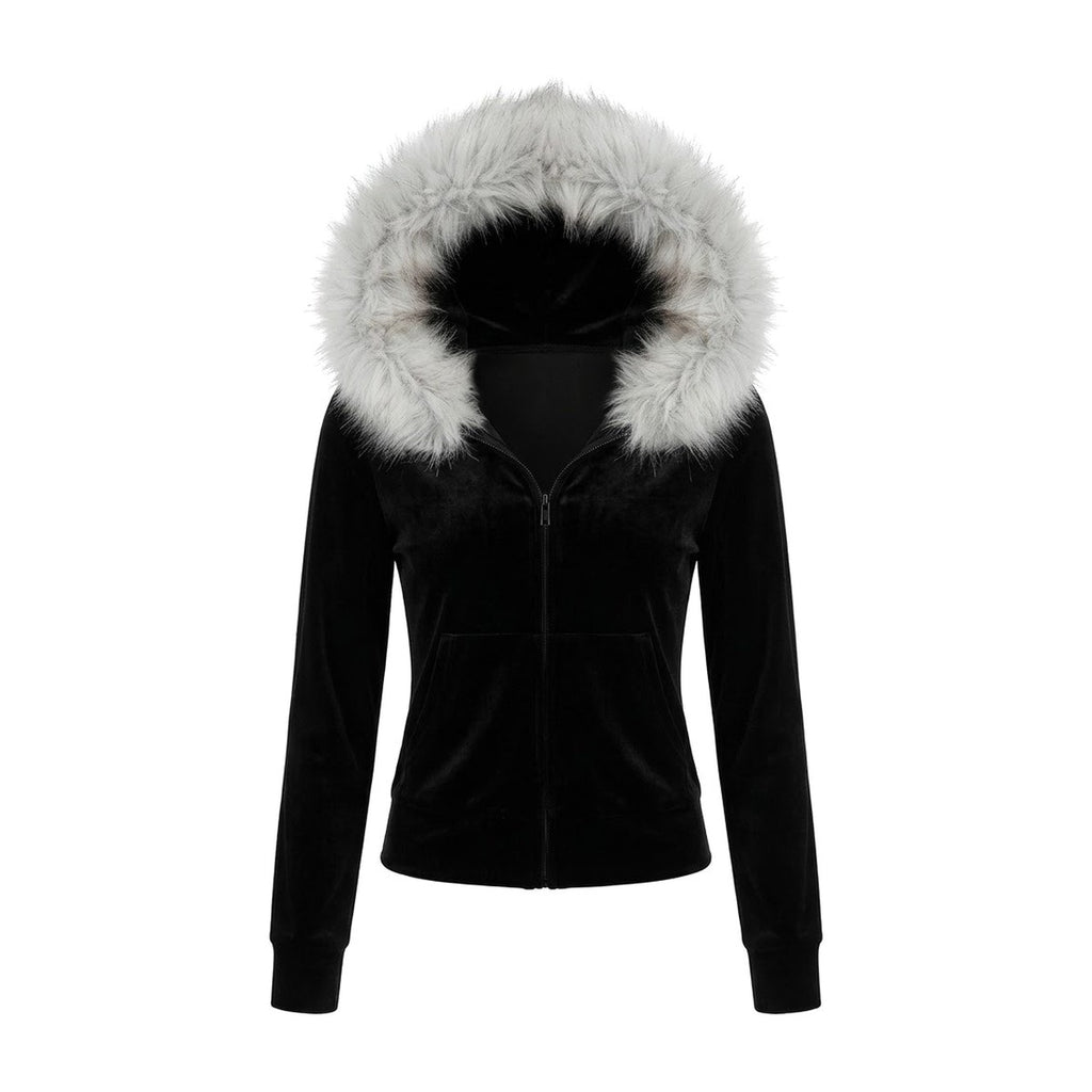 ‘X6’ velvet zip-up – black velvet zip-up, grey faux fur on the hood