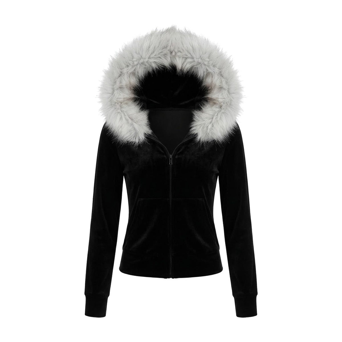 ‘X6’ velvet zip-up – black velvet zip-up, grey faux fur on the hood