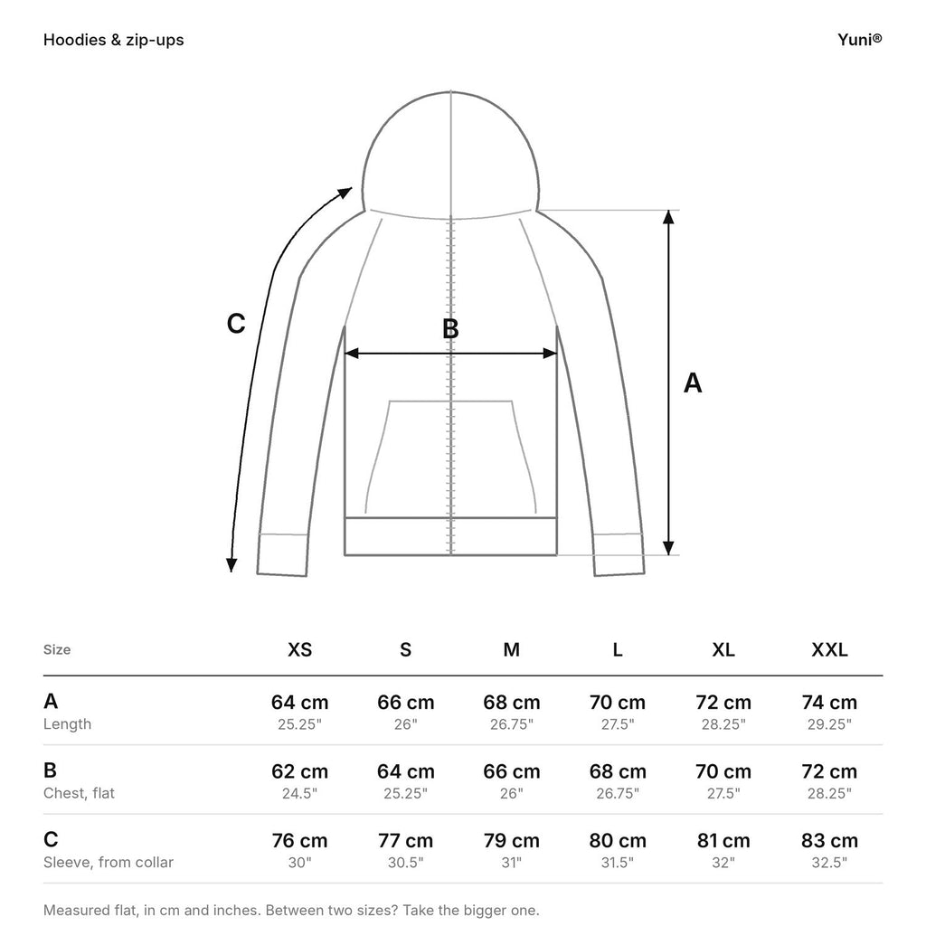 Yuni® size guide for hoodies and zip-ups: length, chest and sleeve, in cm and in.