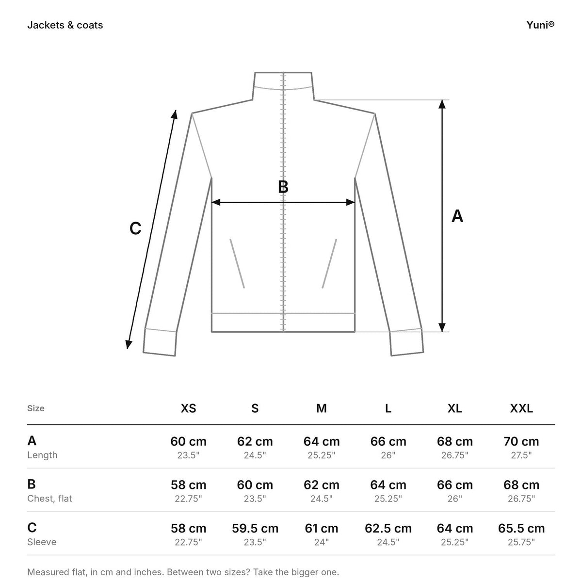 Yuni® size guide for jackets and coats: length, chest and sleeve, in cm and in.
