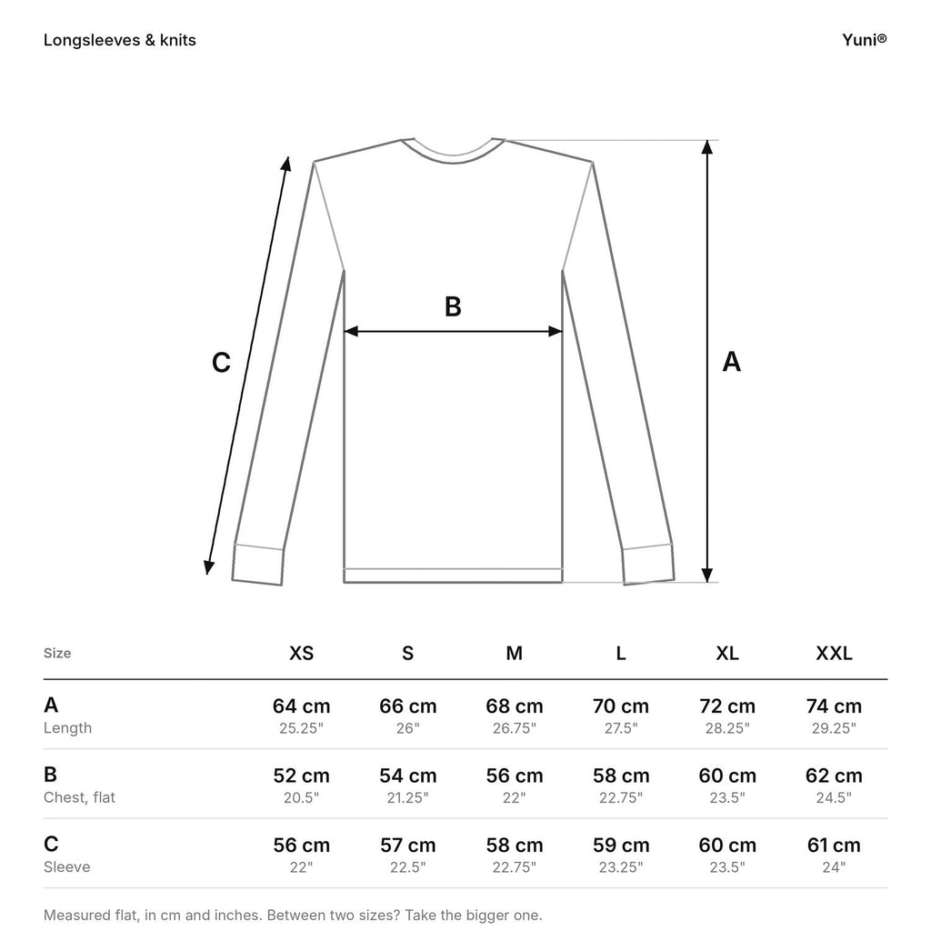 Yuni® size guide for longsleeves and knits: length, chest and sleeve, in cm and in.