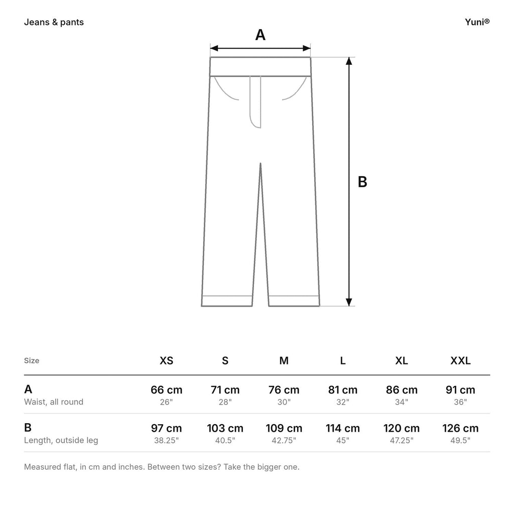 Yuni® size guide for jeans and pants: waist and length, in cm and in.