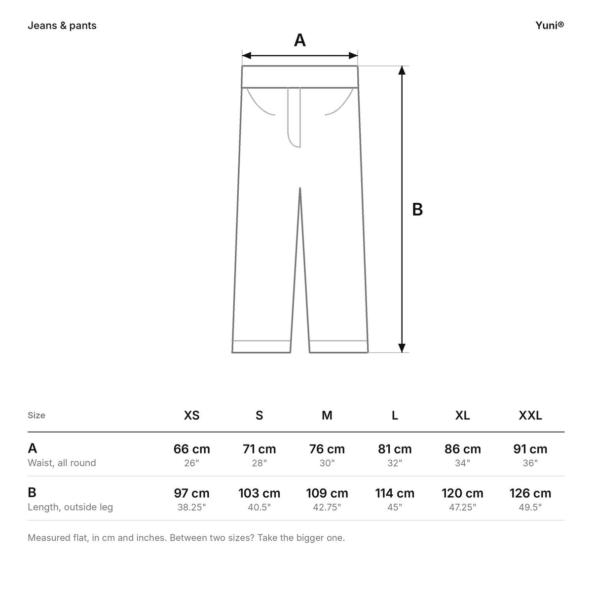 Yuni® size guide for jeans and pants: waist and length, in cm and in.