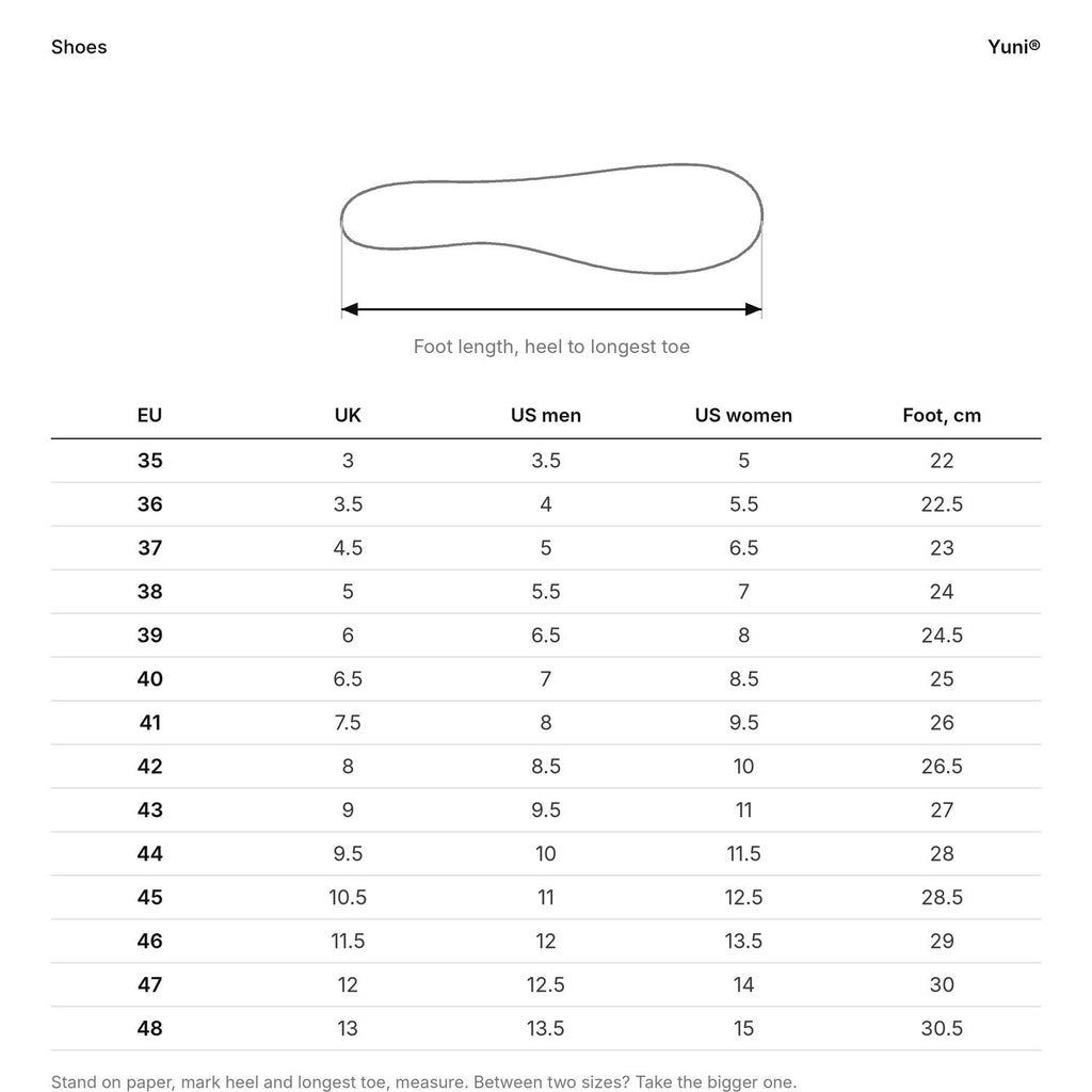 Yuni® size guide for shoes: EU, UK and US sizes with foot length in cm.