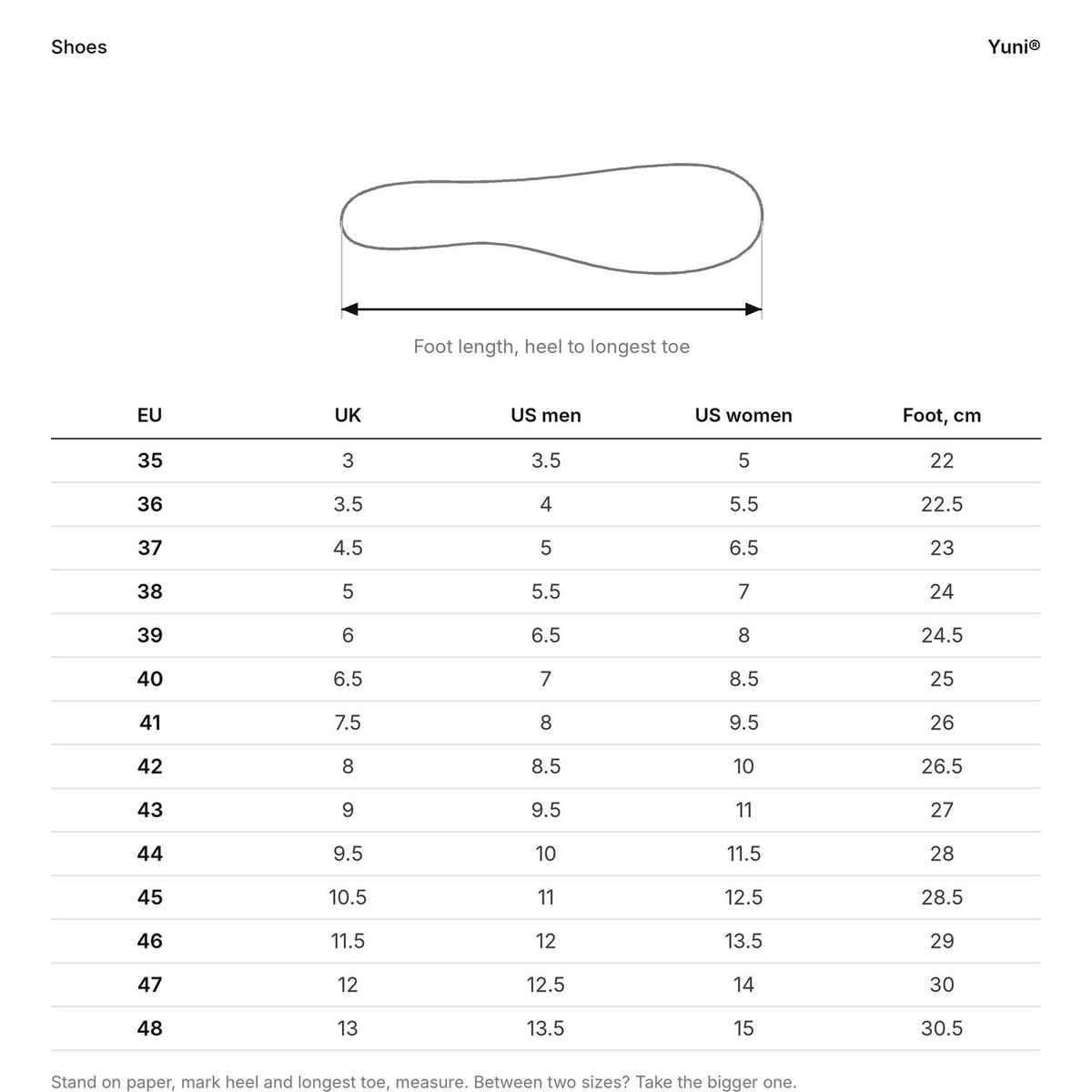 Yuni® size guide for shoes: EU, UK and US sizes with foot length in cm.