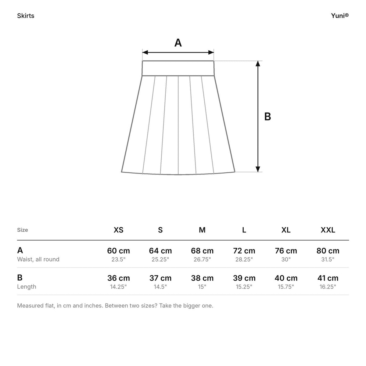 Yuni® size guide for skirts: waist and length, in cm and in.