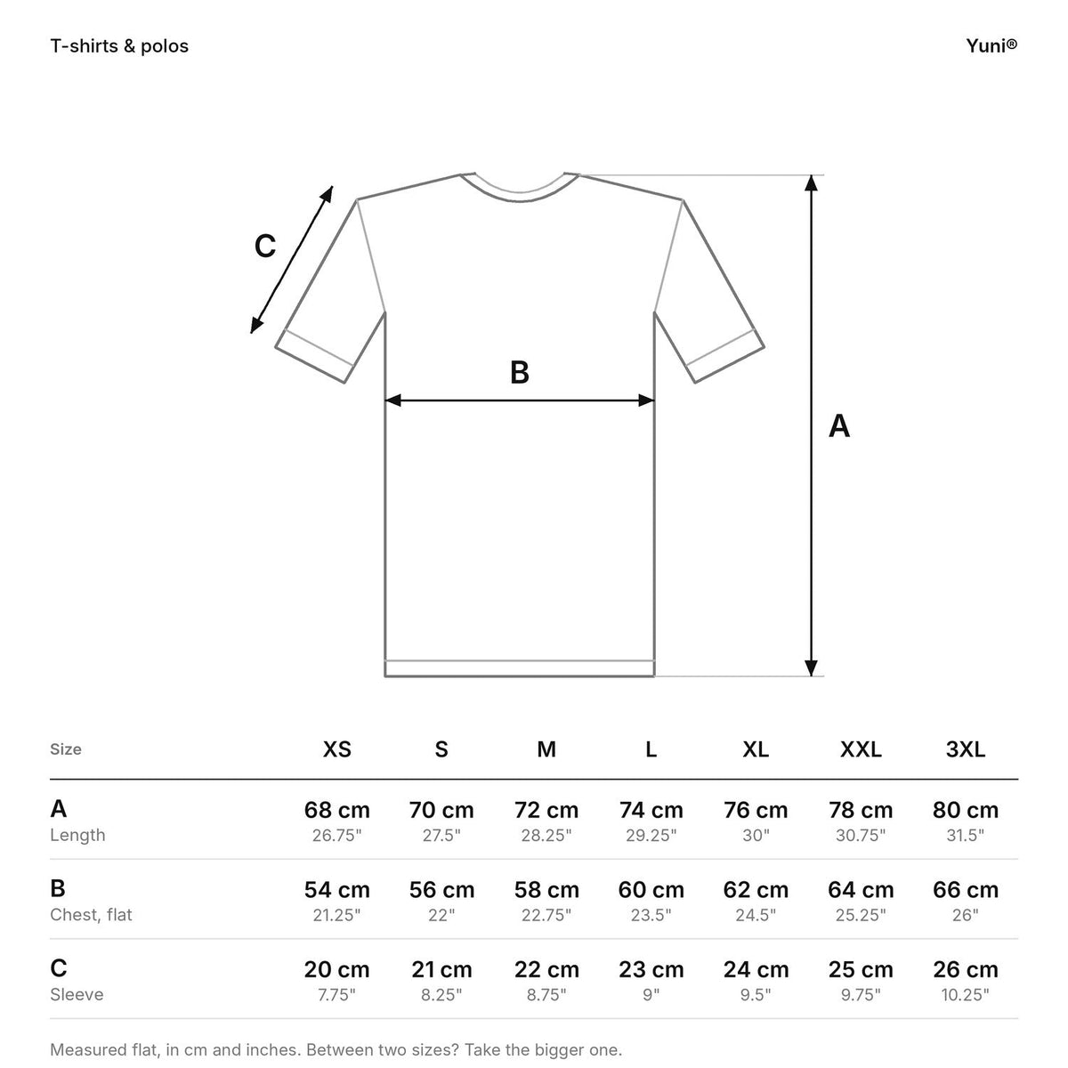 Yuni® size guide for t-shirts and polos: length, chest and sleeve, in cm and in.